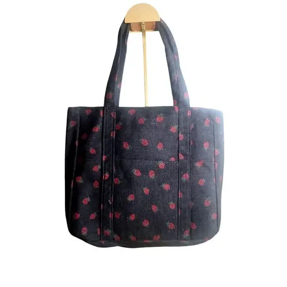 Tote Bag Black w/ Purple Strawberry Printed Lightweight Coquette Soft Girl NWT - Picture 3 of 6
